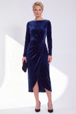 Burgundy Velvet Bateau Neck Ruched Midi Holiday Dress with Sleeves