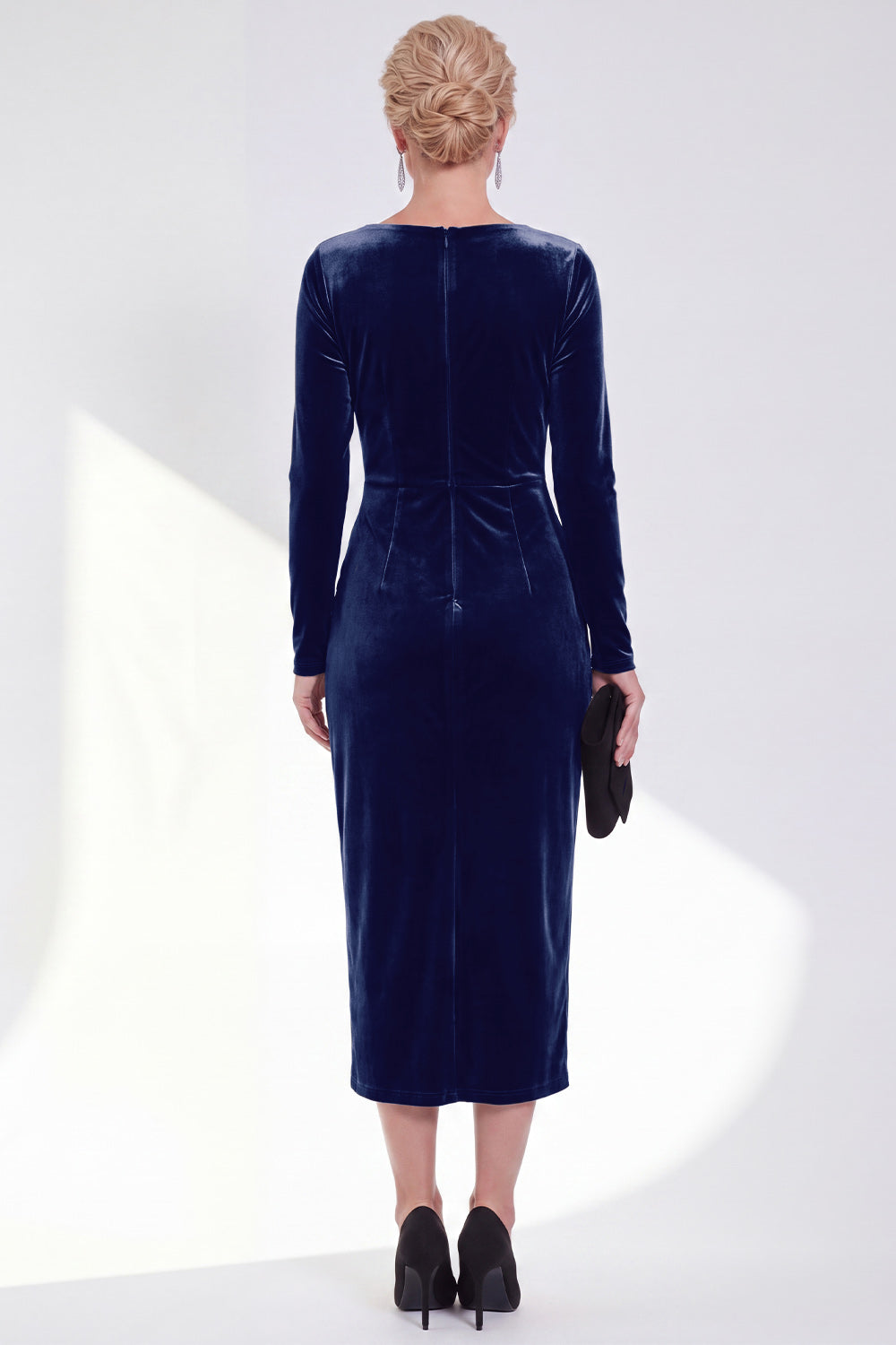 Burgundy Velvet Bateau Neck Ruched Midi Holiday Dress with Sleeves