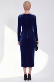Burgundy Velvet Bateau Neck Ruched Midi Holiday Dress with Sleeves