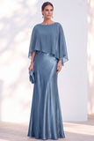 Blue Satin Mermaid Boat Neck Long Mother Of the Bride Dress with Cape