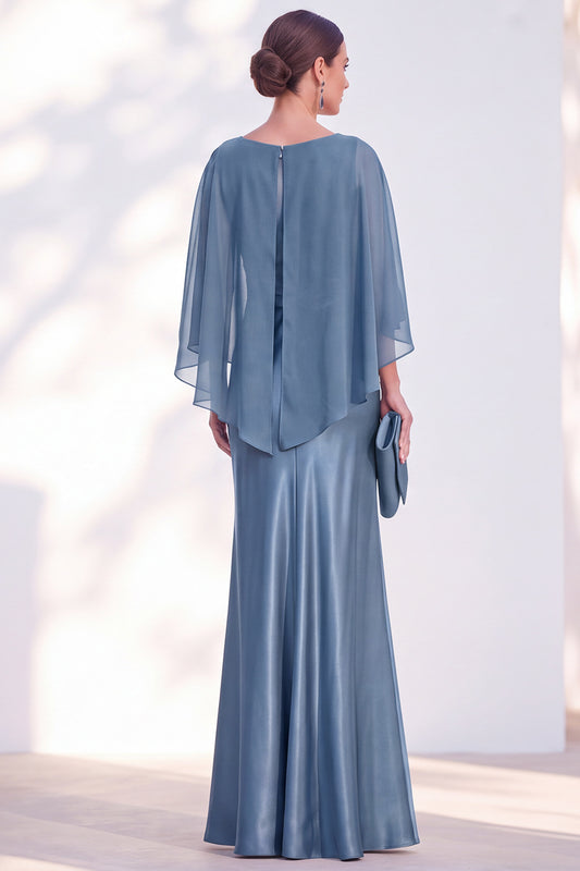 Blue Satin Mermaid Boat Neck Long Mother Of the Bride Dress with Cape