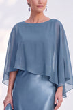 Blue Satin Mermaid Boat Neck Long Mother Of the Bride Dress with Cape