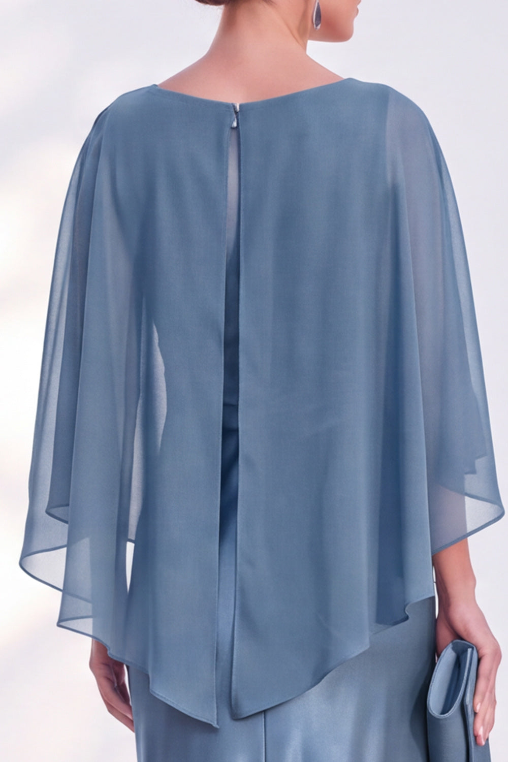Blue Satin Mermaid Boat Neck Long Mother Of the Bride Dress with Cape