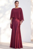 Blue Satin Mermaid Boat Neck Long Mother Of the Bride Dress with Cape