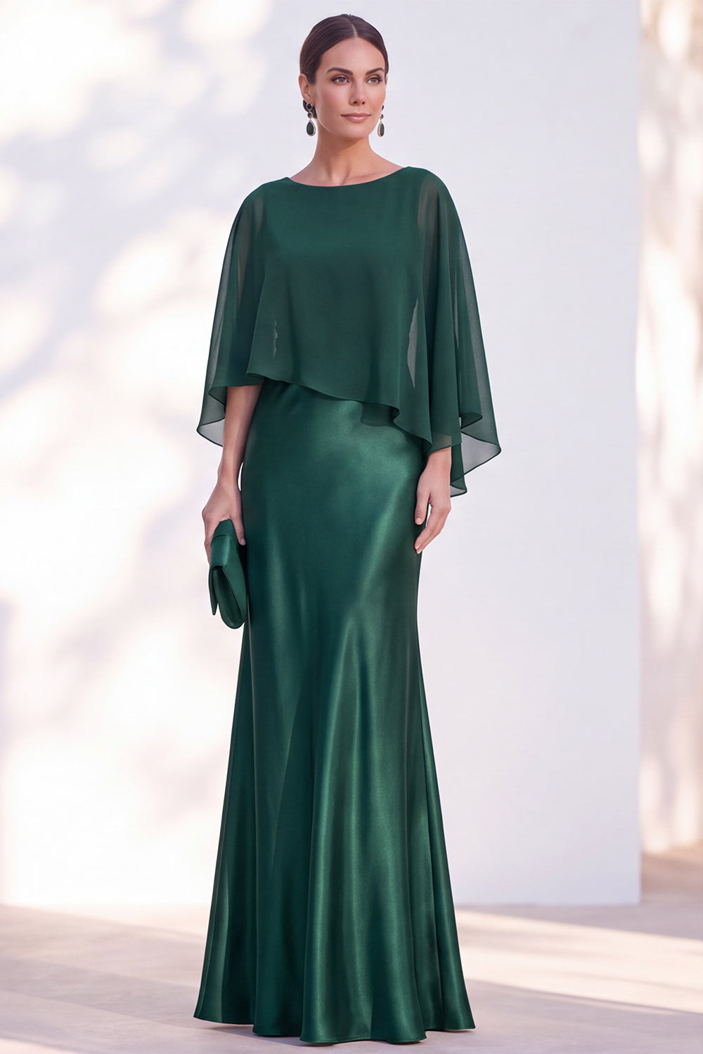 Blue Satin Mermaid Boat Neck Long Mother Of the Bride Dress with Cape