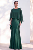Blue Satin Mermaid Boat Neck Long Mother Of the Bride Dress with Cape