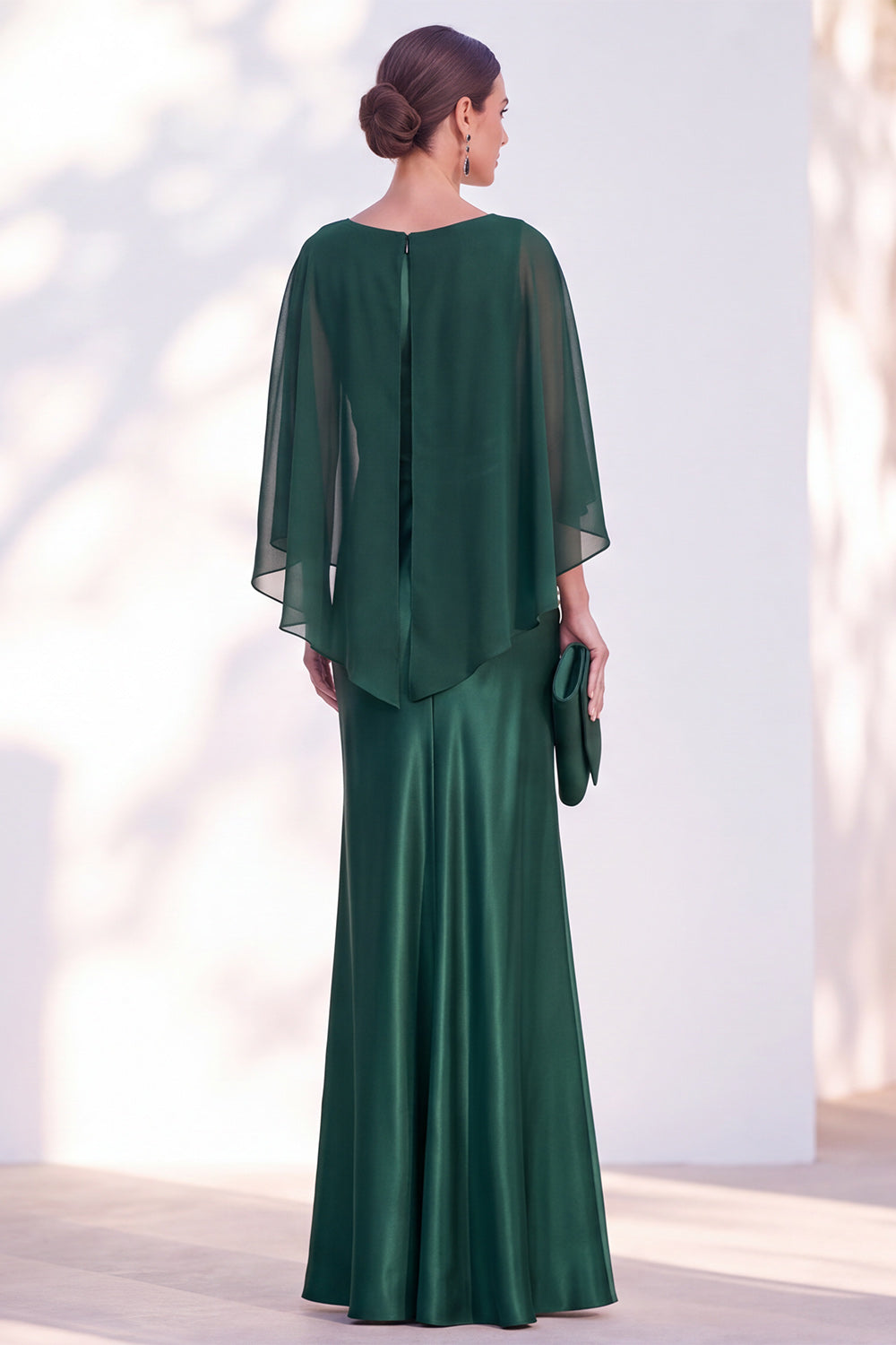 Blue Satin Mermaid Boat Neck Long Mother Of the Bride Dress with Cape