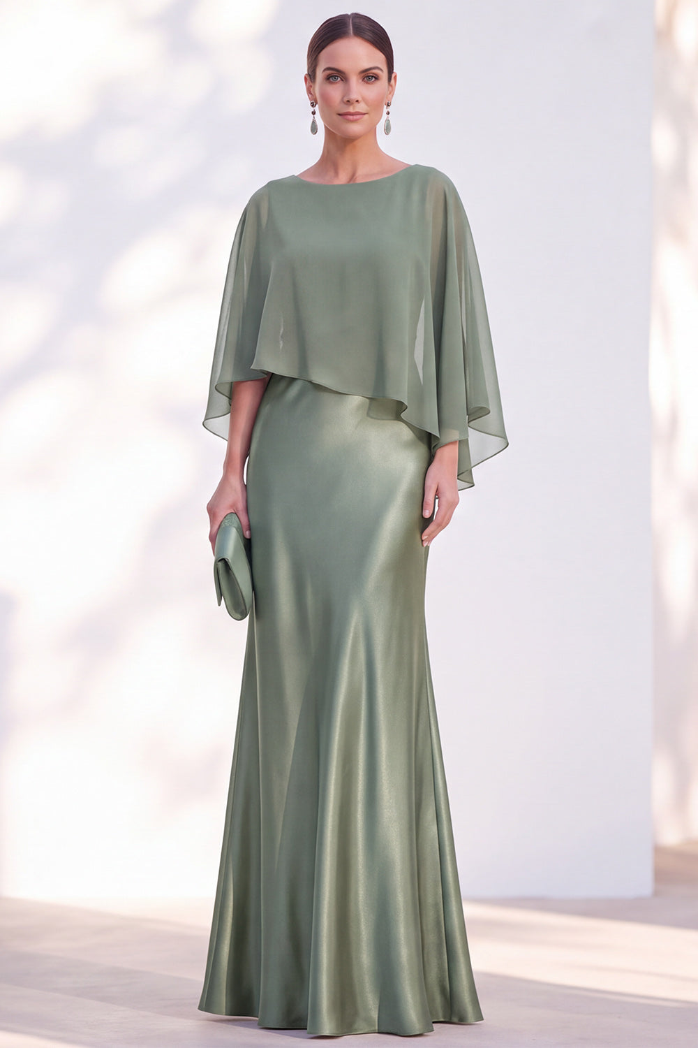 Blue Satin Mermaid Boat Neck Long Mother Of the Bride Dress with Cape