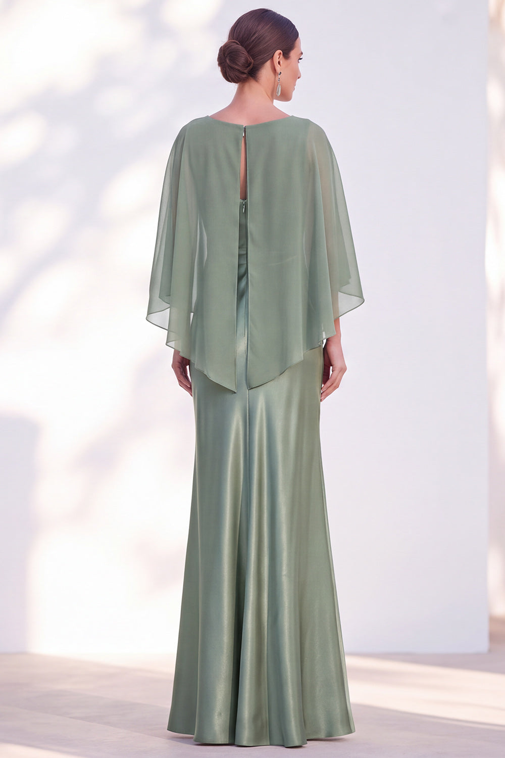 Blue Satin Mermaid Boat Neck Long Mother Of the Bride Dress with Cape