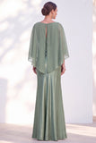 Blue Satin Mermaid Boat Neck Long Mother Of the Bride Dress with Cape