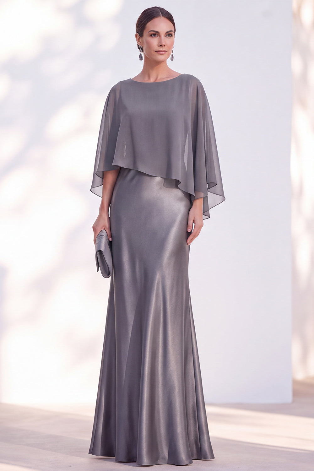 Blue Satin Mermaid Boat Neck Long Mother Of the Bride Dress with Cape