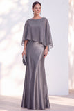 Blue Satin Mermaid Boat Neck Long Mother Of the Bride Dress with Cape