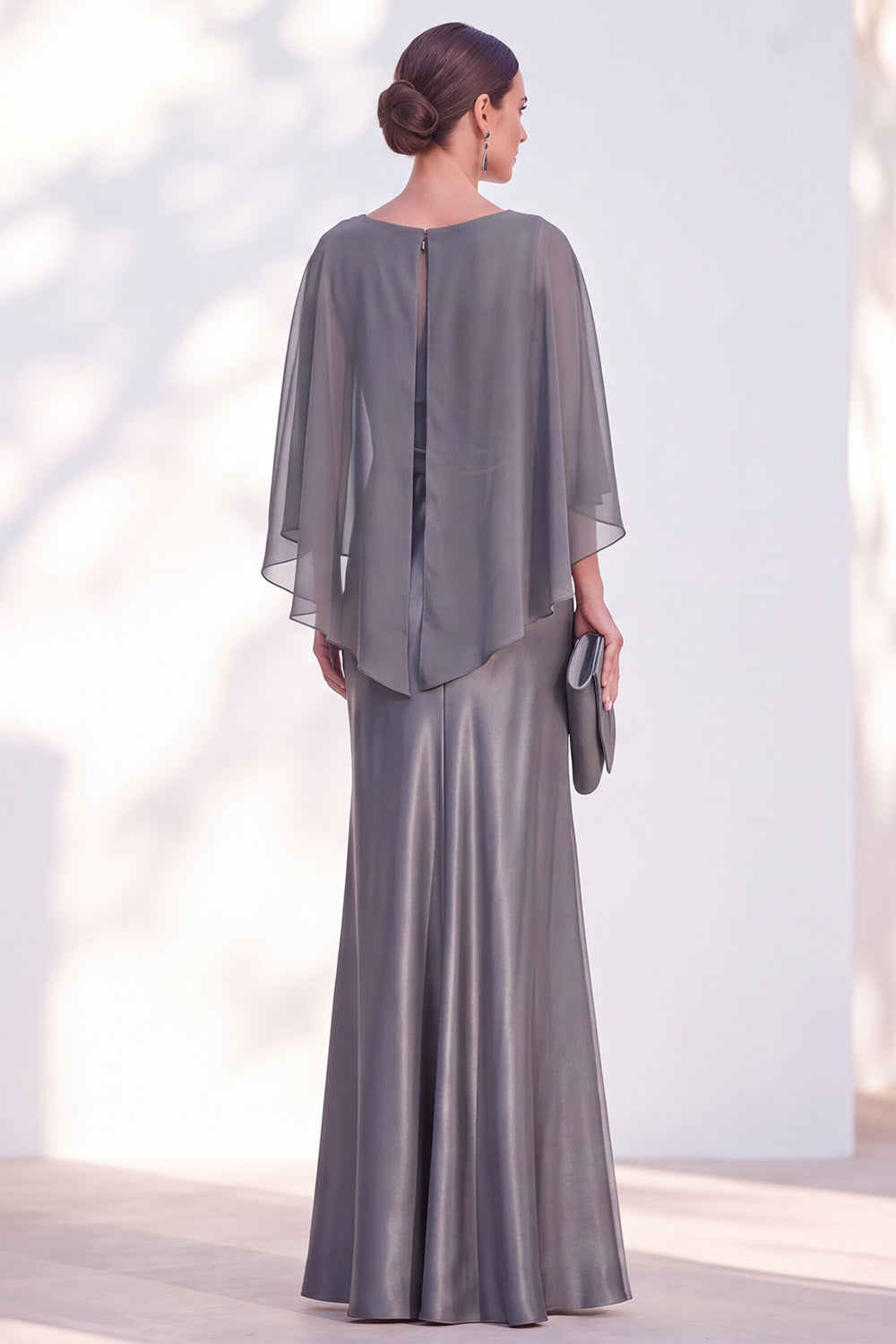 Blue Satin Mermaid Boat Neck Long Mother Of the Bride Dress with Cape