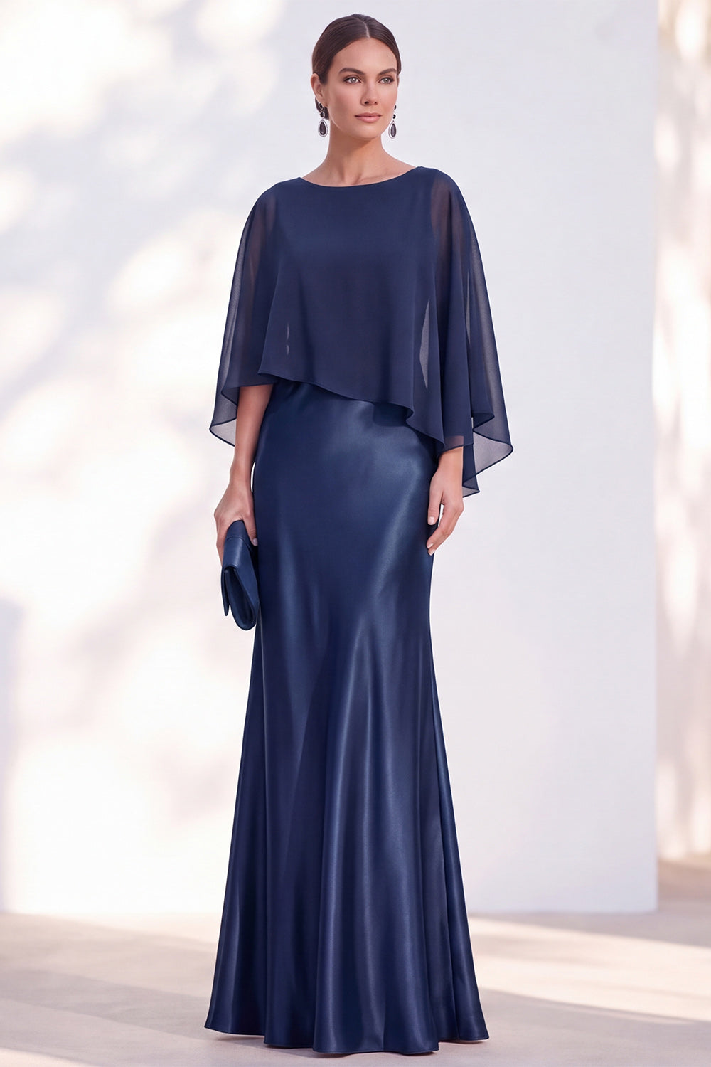 Blue Satin Mermaid Boat Neck Long Mother Of the Bride Dress with Cape