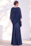 Blue Satin Mermaid Boat Neck Long Mother Of the Bride Dress with Cape