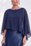 Blue Satin Mermaid Boat Neck Long Mother Of the Bride Dress with Cape
