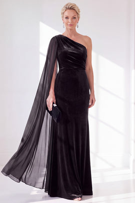 Black Velvet Sheath One Shoulder Ruched Long Holiday Dress with Side Cape