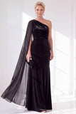 Black Velvet Sheath One Shoulder Ruched Long Holiday Dress with Side Cape