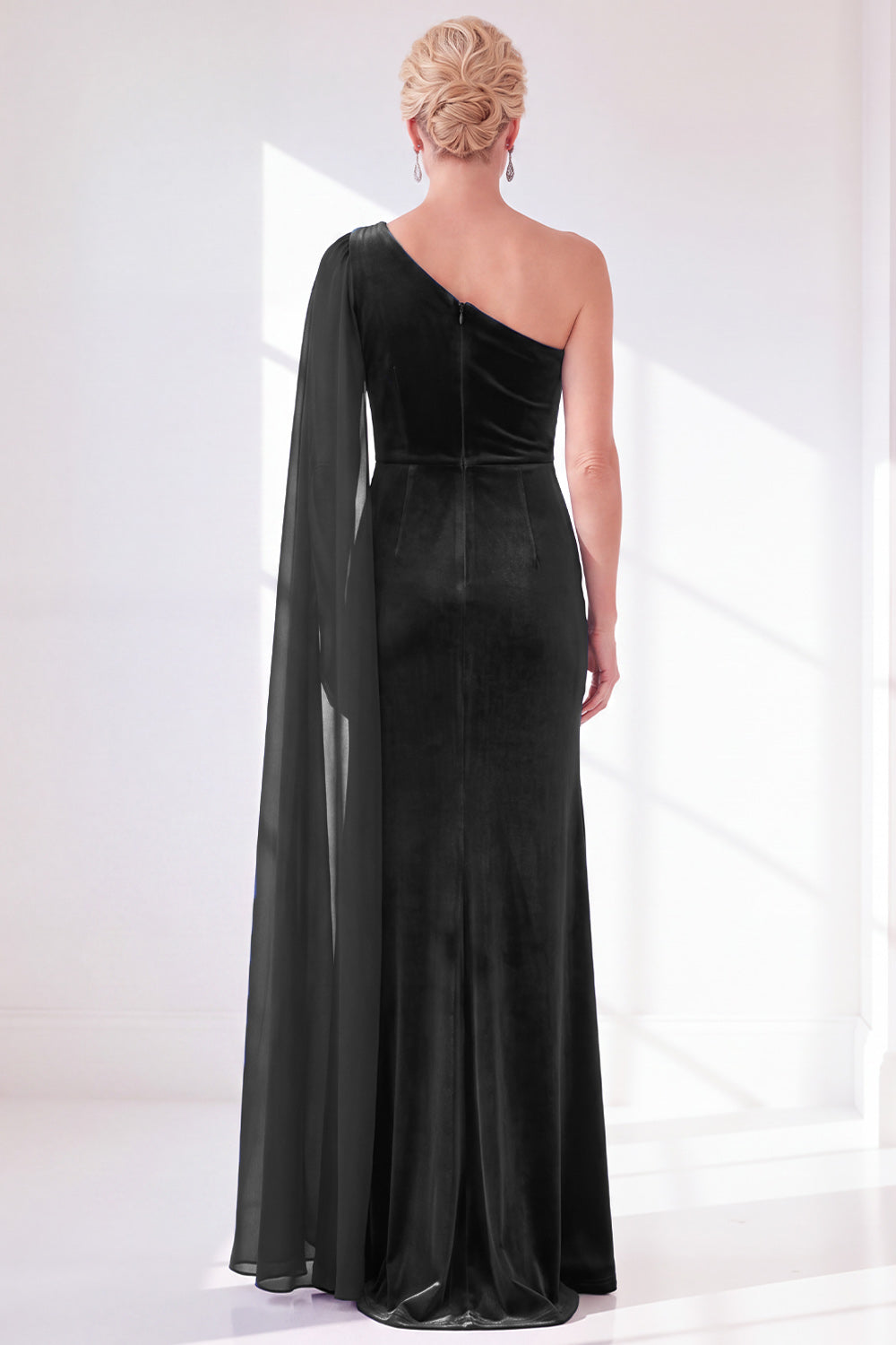 Black Velvet Sheath One Shoulder Ruched Long Holiday Dress with Side Cape