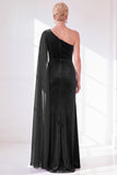 Black Velvet Sheath One Shoulder Ruched Long Holiday Dress with Side Cape