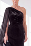Black Velvet Sheath One Shoulder Ruched Long Holiday Dress with Side Cape