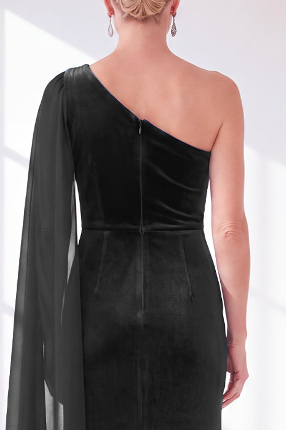 Black Velvet Sheath One Shoulder Ruched Long Holiday Dress with Side Cape