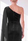 Black Velvet Sheath One Shoulder Ruched Long Holiday Dress with Side Cape