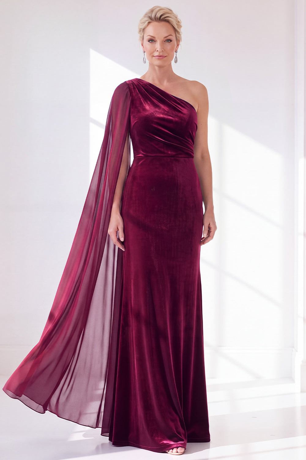 Black Velvet Sheath One Shoulder Ruched Long Holiday Dress with Side Cape