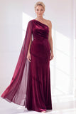 Black Velvet Sheath One Shoulder Ruched Long Holiday Dress with Side Cape