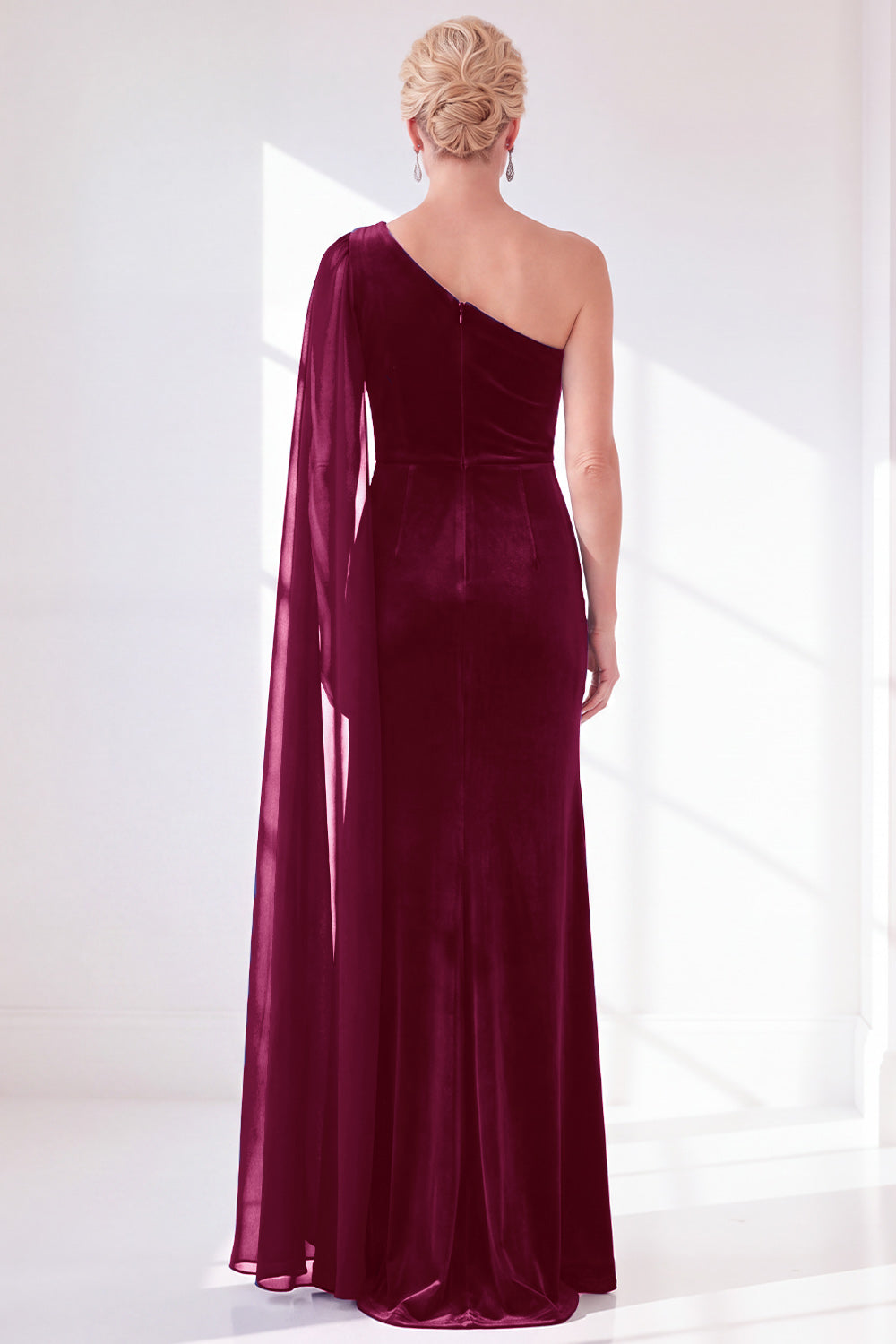 Black Velvet Sheath One Shoulder Ruched Long Holiday Dress with Side Cape