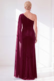 Black Velvet Sheath One Shoulder Ruched Long Holiday Dress with Side Cape