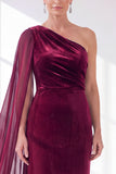 Black Velvet Sheath One Shoulder Ruched Long Holiday Dress with Side Cape