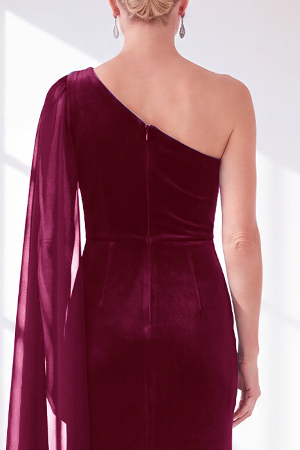 Black Velvet Sheath One Shoulder Ruched Long Holiday Dress with Side Cape