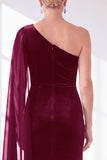 Black Velvet Sheath One Shoulder Ruched Long Holiday Dress with Side Cape