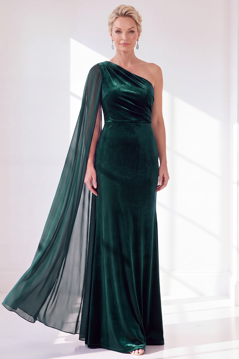 Black Velvet Sheath One Shoulder Ruched Long Holiday Dress with Side Cape