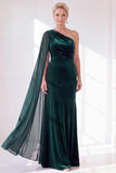 Black Velvet Sheath One Shoulder Ruched Long Holiday Dress with Side Cape