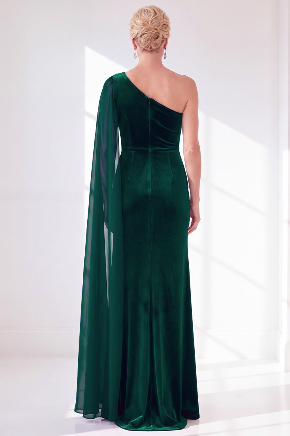 Black Velvet Sheath One Shoulder Ruched Long Holiday Dress with Side Cape