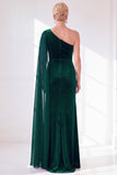 Black Velvet Sheath One Shoulder Ruched Long Holiday Dress with Side Cape