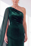 Black Velvet Sheath One Shoulder Ruched Long Holiday Dress with Side Cape