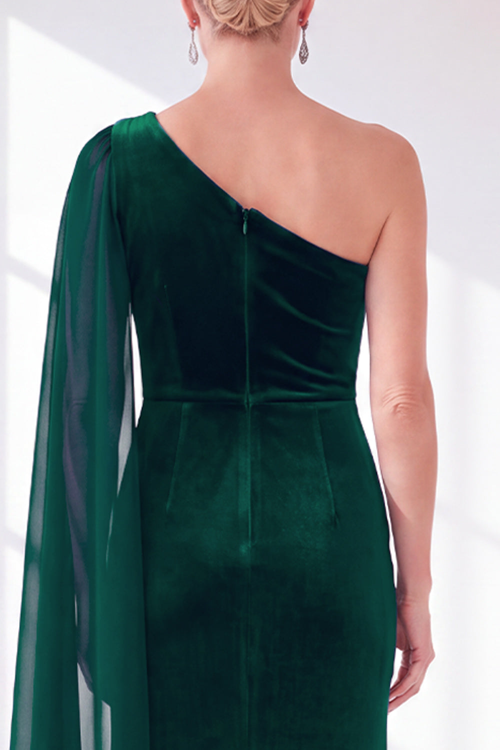 Black Velvet Sheath One Shoulder Ruched Long Holiday Dress with Side Cape