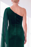 Black Velvet Sheath One Shoulder Ruched Long Holiday Dress with Side Cape
