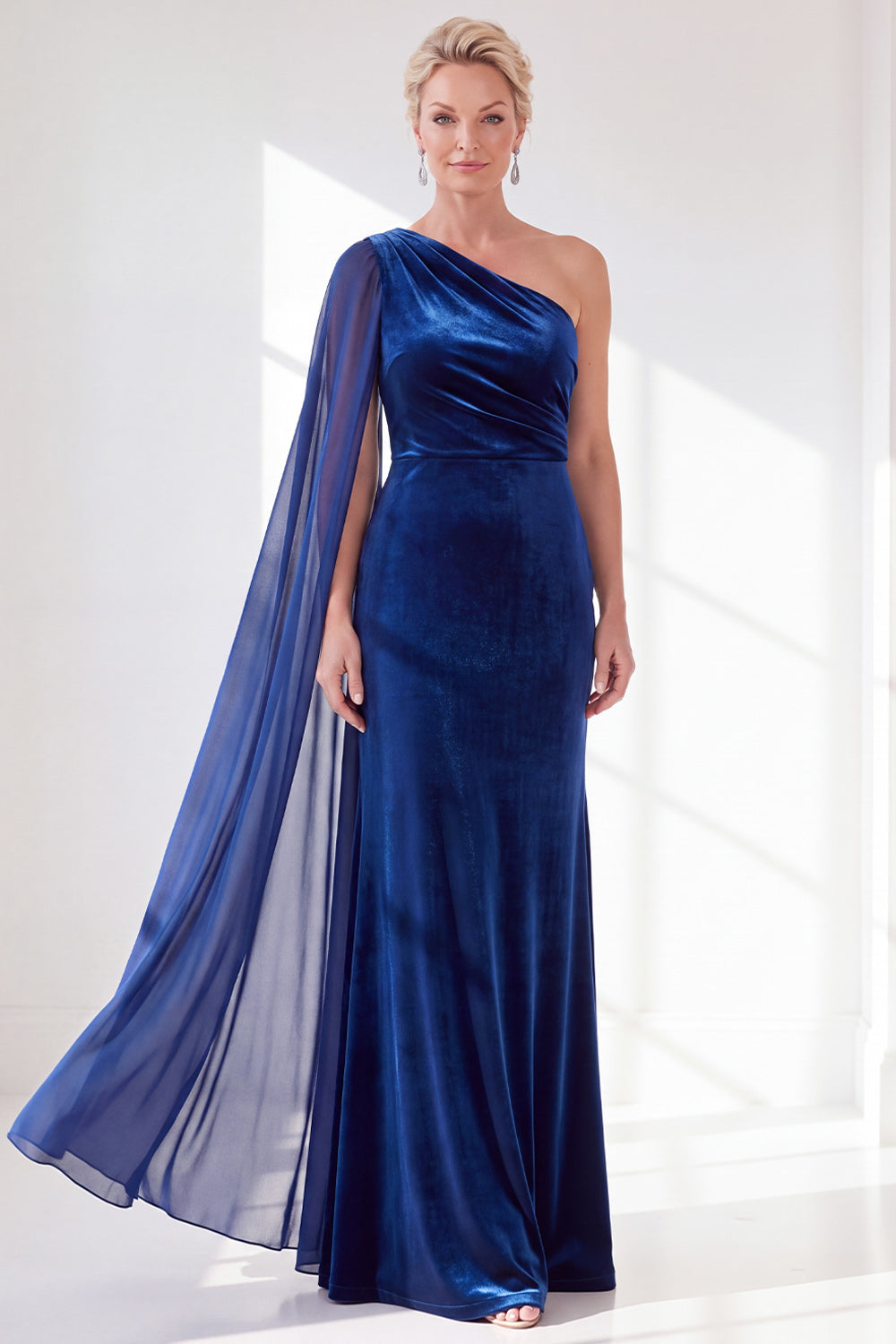 Black Velvet Sheath One Shoulder Ruched Long Holiday Dress with Side Cape