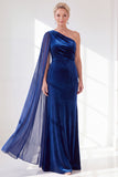 Black Velvet Sheath One Shoulder Ruched Long Holiday Dress with Side Cape
