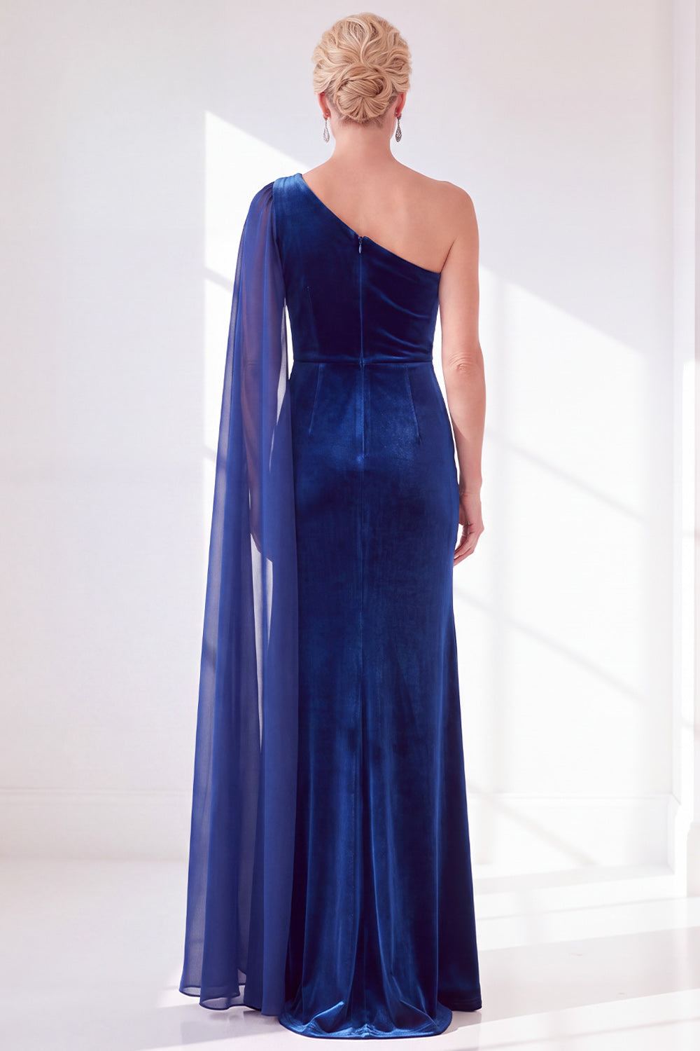 Black Velvet Sheath One Shoulder Ruched Long Holiday Dress with Side Cape