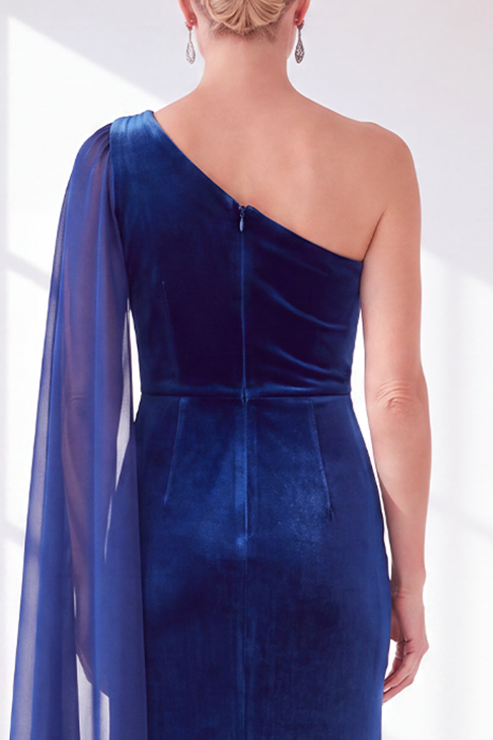 Black Velvet Sheath One Shoulder Ruched Long Holiday Dress with Side Cape
