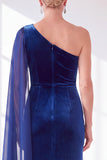 Black Velvet Sheath One Shoulder Ruched Long Holiday Dress with Side Cape