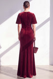 Burgundy Velvet Mermaid Ruched Long Holiday Dress with Sleeves
