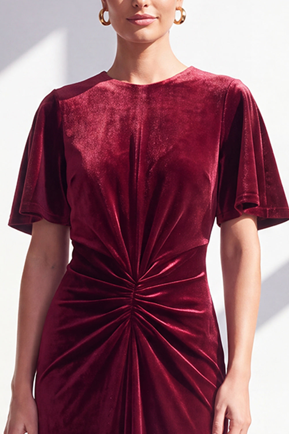 Burgundy Velvet Mermaid Ruched Long Holiday Dress with Sleeves