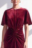 Burgundy Velvet Mermaid Ruched Long Holiday Dress with Sleeves
