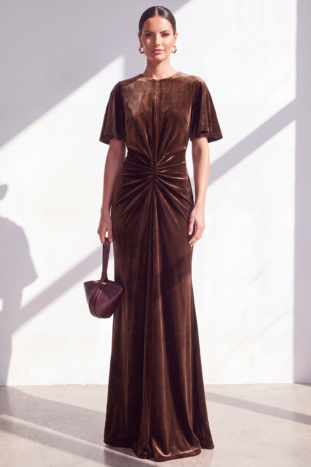 Burgundy Velvet Mermaid Ruched Long Holiday Dress with Sleeves